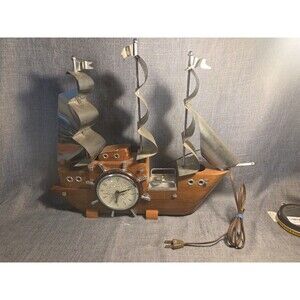 Vintage United Clipper Ship Wood Clock w/New Quartz Movement Wired Working Light